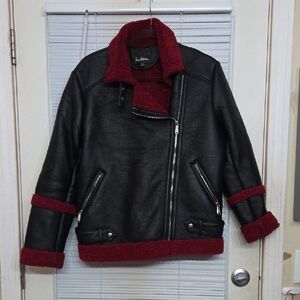 Sam Edelman Faux Leather And Red Faux Shearling Moto Jacket